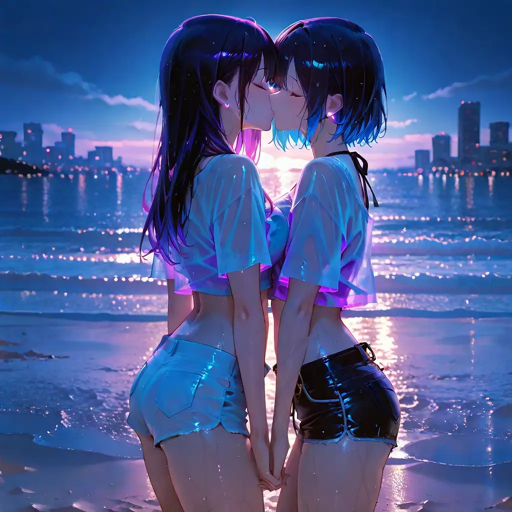 AI art '🌃 Neon Lights 💜' with user description 'Neon lights reflecting on the water.

Warm air.

Endless conversations.

And the feeling that the night still has a few secrets left to reveal.

Some memories are made in daylight.

The best ones usually start after sunset. 💜🌃✨'