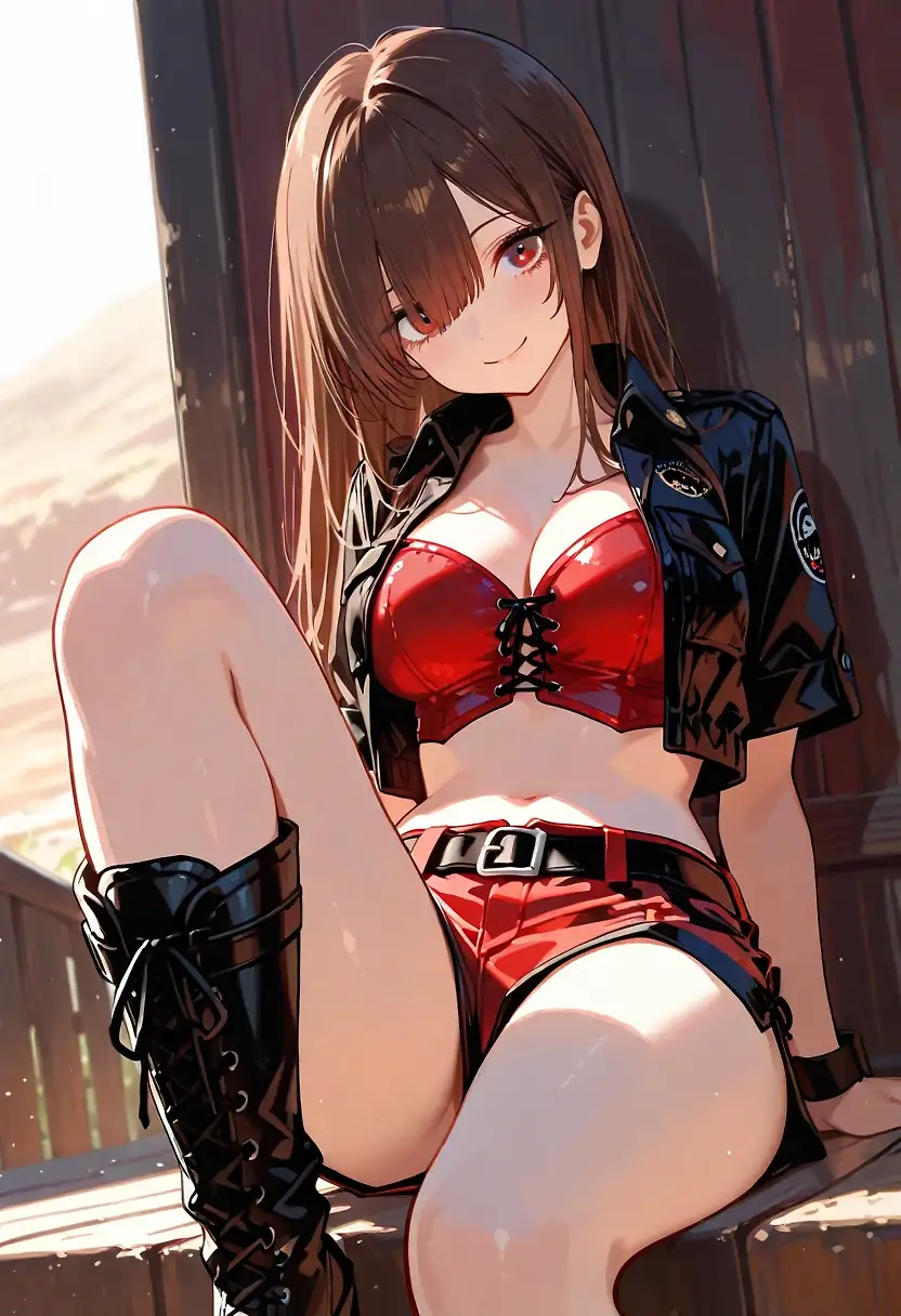 AI art 'Concept for Priss Asagiri' with user description 'Name: Priscilla "Priss" Asagiri
Job: Front woman of a Rockband, member of the knight sabers.
Design choise: She is a ferocious combatant with a tendency to be reckless, but selfless. Also she is high speed junkie who love to ride motorcycles.'