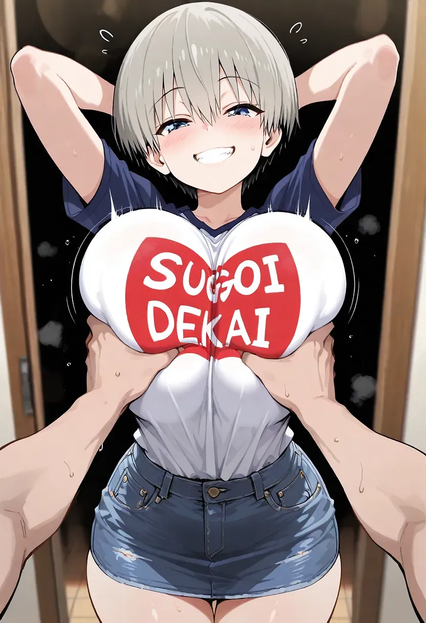 AI art "Sugoi Dekai." for prompt: "Uzaki Hana.
Sugoi Dekai Shirt.
Bursting breasts.
Playful_Grin.
Denim miniskirt.
Sexy.
Standing
Hands behind head.
Bouncing breasts.
1man, grabbing another's breasts."