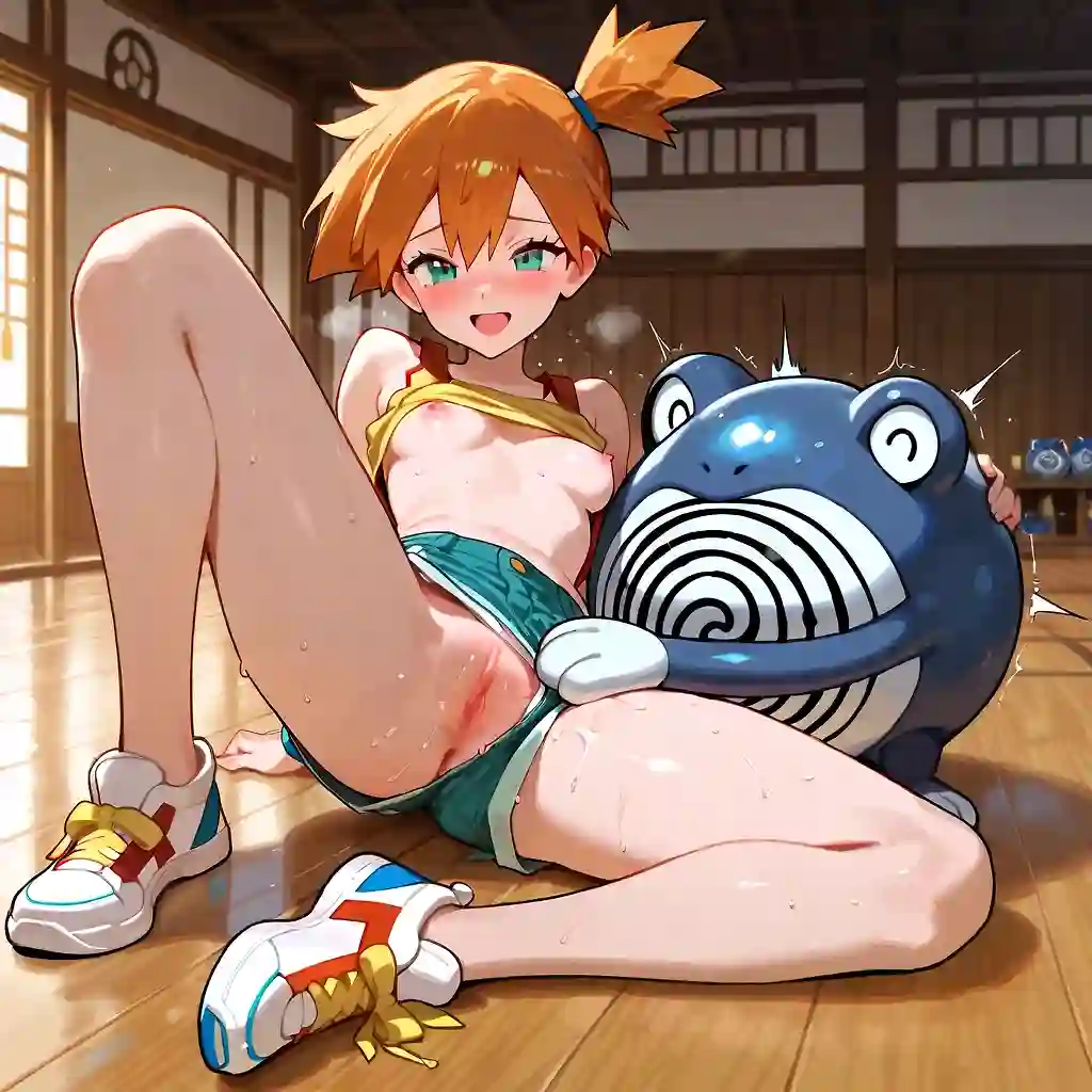 AI art 'Storm Badge' with user description 'Ash battles Chuck in the Cianwood City Arena. Misty gets to fight against his muscular Pokémon. She wants to see if the muscles between their legs are also well-trained.'