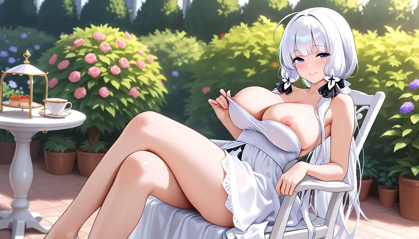 AI art 'Illustrious' Garden Tea Party' with user description 'Like most of the Royal Navy ship-girls, Illustrious enjoys her 'tea party' very much....especially with the new gardeners working in the HQ gardens!'