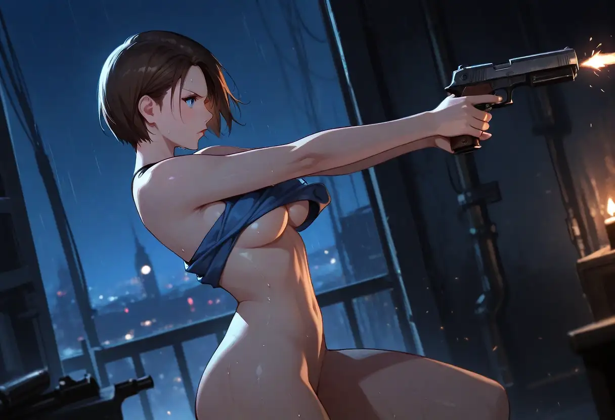 AI art 'Jill having to defend herself while getting dressed' with user description 'It's an older one, I found in my gallery.'