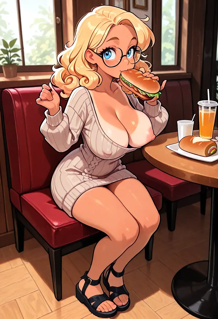 AI art 'Meet Evelyn, Part 1' with user description 'When you first meet Evelyn (she prefers to be called by her work alias), you find that she's a very sweet person. You might also think she's a bit ditzy, judging by the way she dresses. "Well, sugar, I enjoy wearing sweater dresses, even though they sometimes slip off my shoulder and uh, reveal, more than they should," she giggles. "So I just pull up the dress and continue." Evelyn shrugs. "You shouldn't sweat the small stuff."'