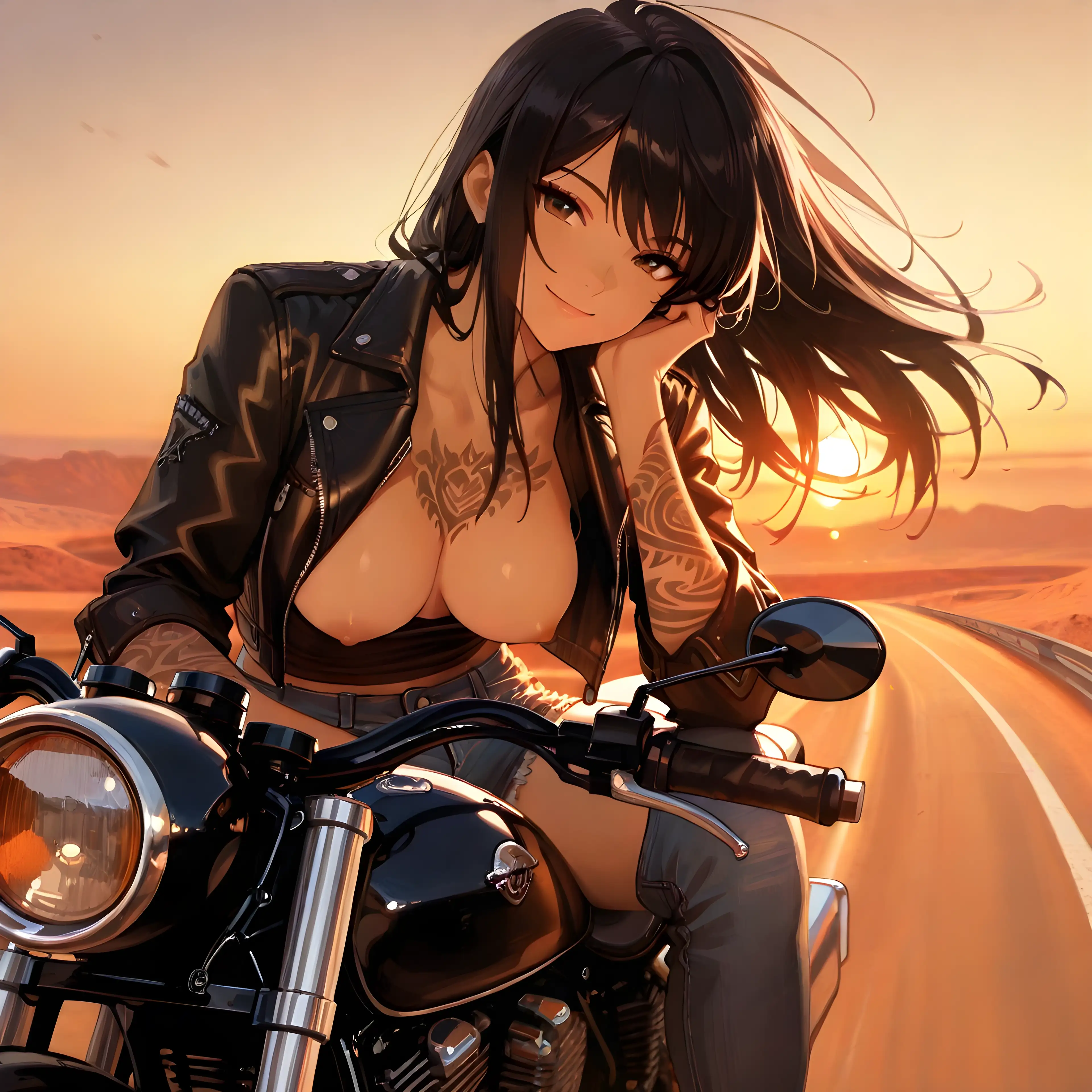 AI art 'Sunset Beauty ☀️' with user description 'The tank is full.

The sun is setting.

And tomorrow sounds like a problem for tomorrow. 😏🏍️☀️'