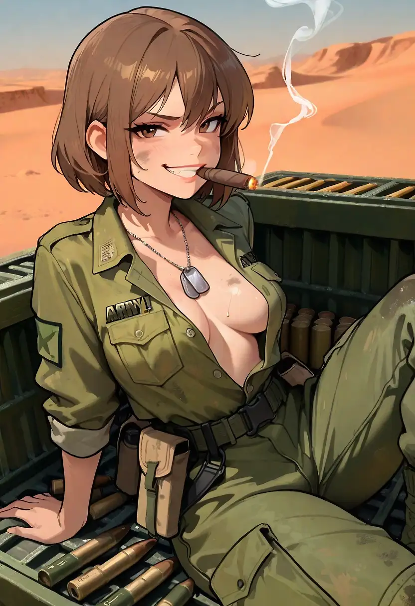 AI art 'Sgt. Nicola Fury' with user description 'In an alternate universe, Nicola "Nikki" Fury, a hardscrabble Chicago native, is a U.S. Army sergeant serving in North Africa. Thanks to President Franklin Roosevelt's executive order allowing women to serve in combat roles, Nikki is part of Operation Torch, eager to engage the enemy. However, Nikki is currently stuck in her unit's rear area, engaging in the soldier's time-honored tradition of bitching. "Damn it, I didn't come to North Africa just to sit on my ass! I came here to fight Krauts!" Nikki puffed on her stogie. "Hmmm... Maybe I should find some girls who want to mix it up with the Afrika Corps. Stick it to those Kraut bastards commando-style..."'