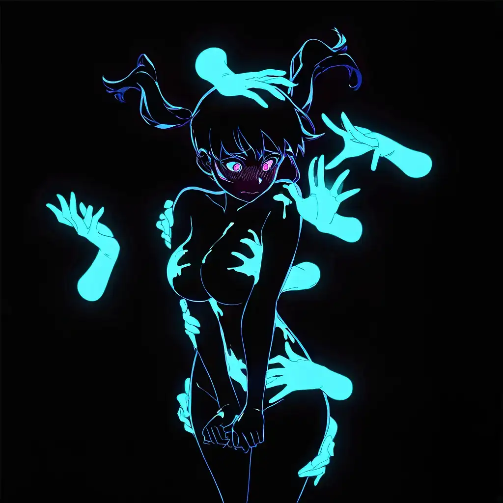 AI art 'NIGHTLIFE' for prompt: 'Black background, black light, body paint, neon, glowing, dark, high contrast, 1girl, paint on arm, paint on leg, paint on breast, paint on navel, paint on shoulder wind, reaching, twin tails, disembodied hands, floating hands, embarrassed, head turn, eyes, pale skin, back arched, floating, one leg up, cowboy shot,'