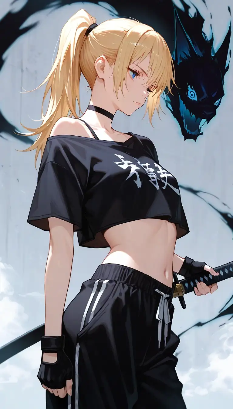 AI art 'Starima-JJK Edition' with user description 'This is a version of Starima if she was a jujutsu kaisen character. Special grade sorcerer with a black curse summon, she is capable of manipulating shadows by imbuing them with cursed energy. She can also use her summon to bring back the dead via their shadows, not resurrecting them but taming their shadows and using their powers.'