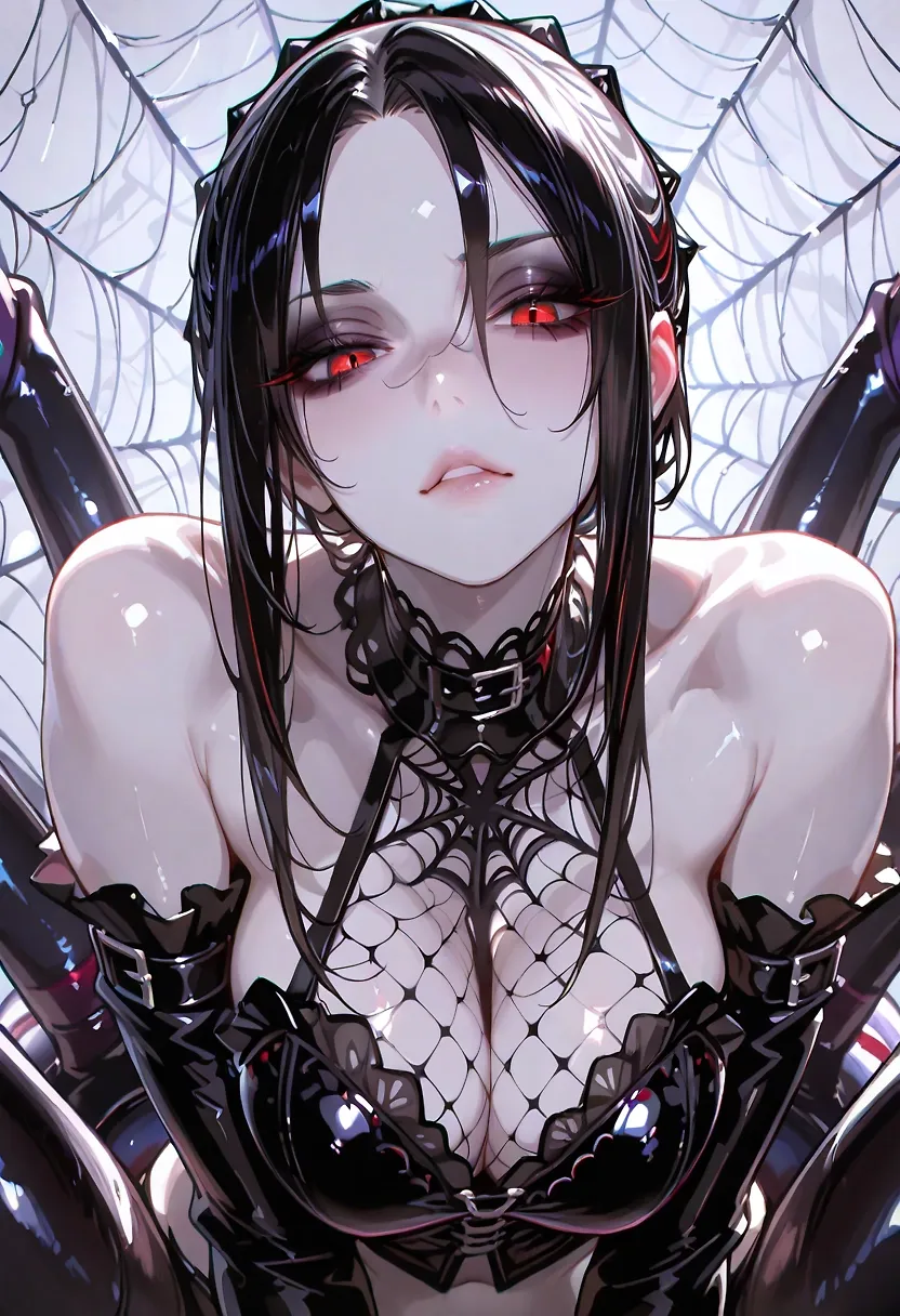 AI art "Spider Girl's Prey: No Escape" with user description "Spider girl captured you. Well... you fucked"