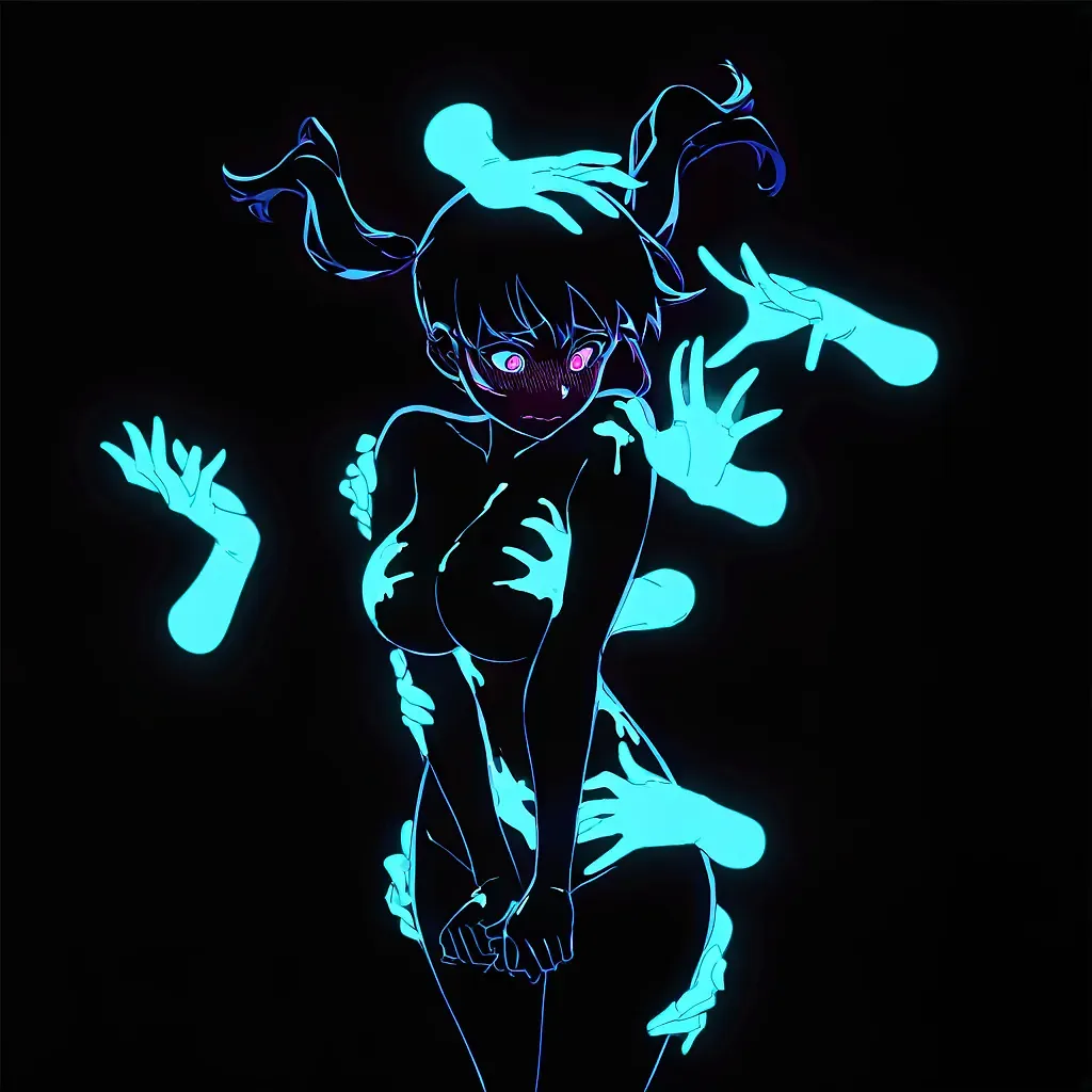 AI art "NIGHTLIFE" for prompt: "Black background, black light, body paint, neon, glowing, dark, high contrast, 1girl, paint on arm, paint on leg, paint on breast, paint on navel, paint on shoulder wind, reaching, twin tails, disembodied hands, floating hands, embarrassed, head turn, eyes, pale skin, back arched, floating, one leg up, cowboy shot,"