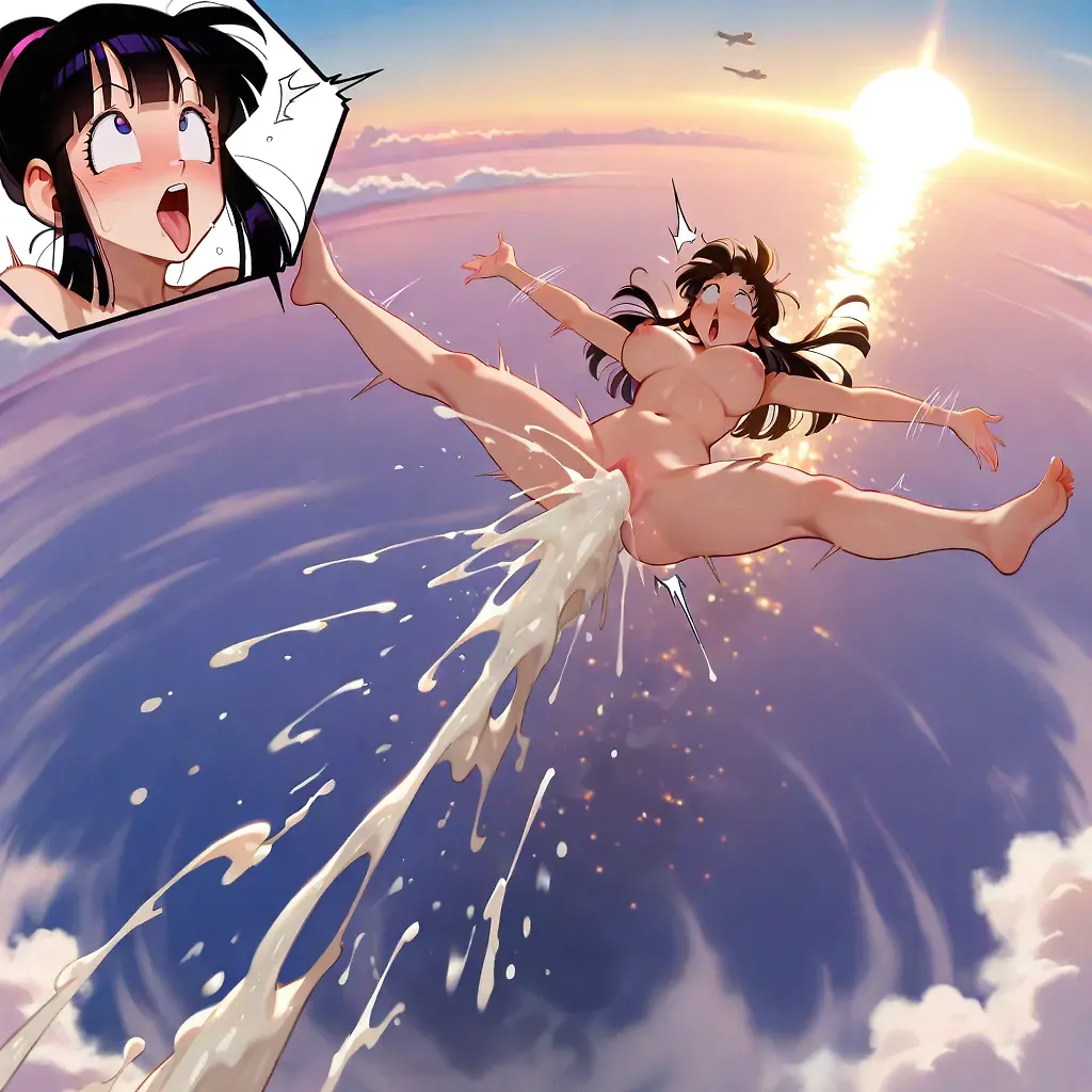AI art "Cume hame ha" for prompt: "Excessive cum, 1girl, Chi-Chi (Dragonball), nude full body, aerial view, spread legs spread arms, flailing, ahegao, surprised expression, scared, comical, flying upward, propelled by gigantic cumshot, sky exaggerated pose, close-up face in inset"