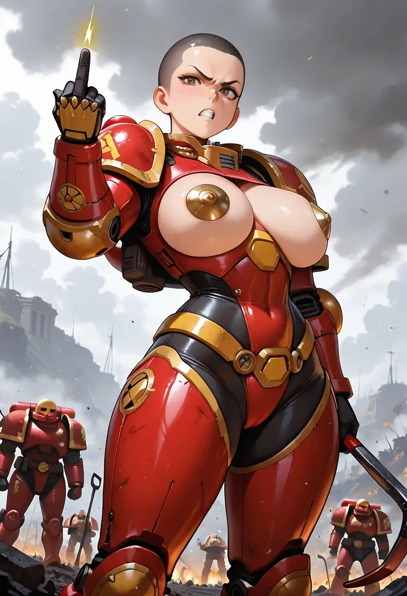 AI art 'Fuck off.' with user description 'I moved away from the space marine art. Till I heard about the angry marines and couldn't help myself.'