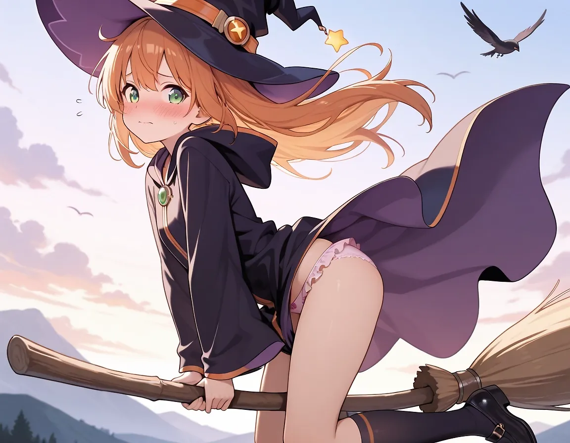 AI art "Flying Practice" with user description "They were warned to wear shorts until they got the hang of it, but theres always a few who underestimate wind magic's mischievous nature."