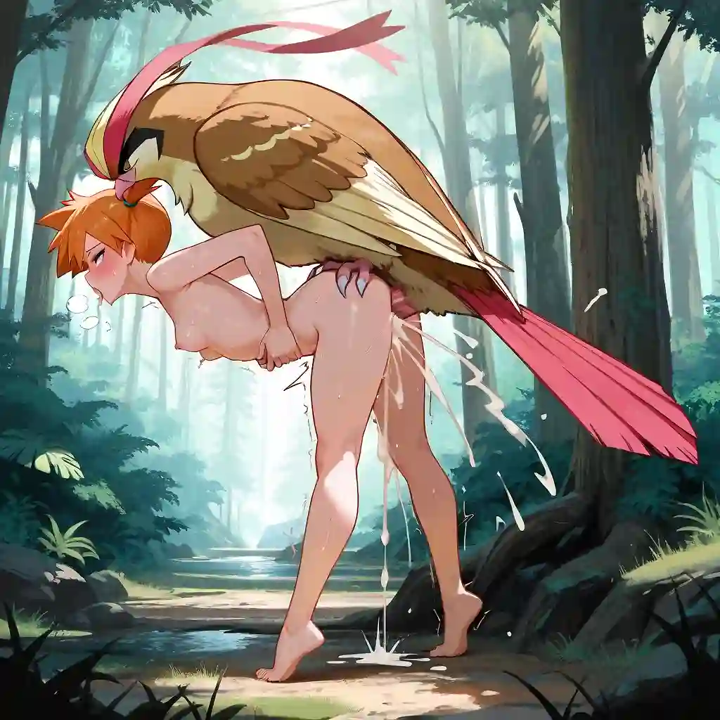 AI art 'Bye Bye Pidgeot' with user description 'The Indigo League is over, and Ash unfortunately didn't win. Back home, he's celebrated for being the best participant from his region. There, in the Vedanian Forest, he also encounters the Spearow again, the ones that chased him and Pikachu at the beginning of his journey. One of them has evolved into a Fearow and, as the leader of the Spearow flock, terrorizes the local Pidgey. Ash leaves his Pidgeot there to protect it. Misty also has to say goodbye to Pidgeot. Bye bye!'