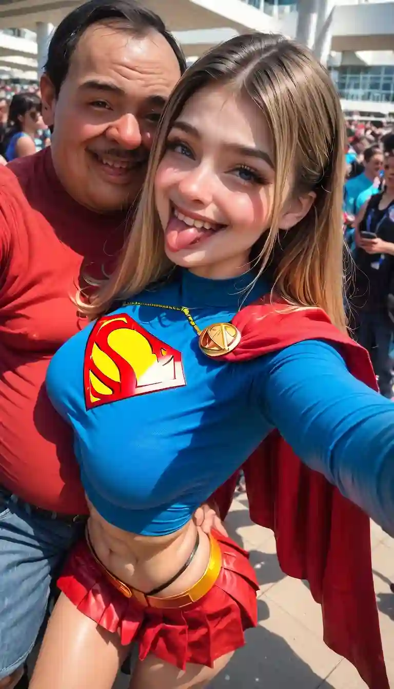 AI art 'Supergirl' with user description 'Supergirl cosplayer taking selfie with fans at convention.'