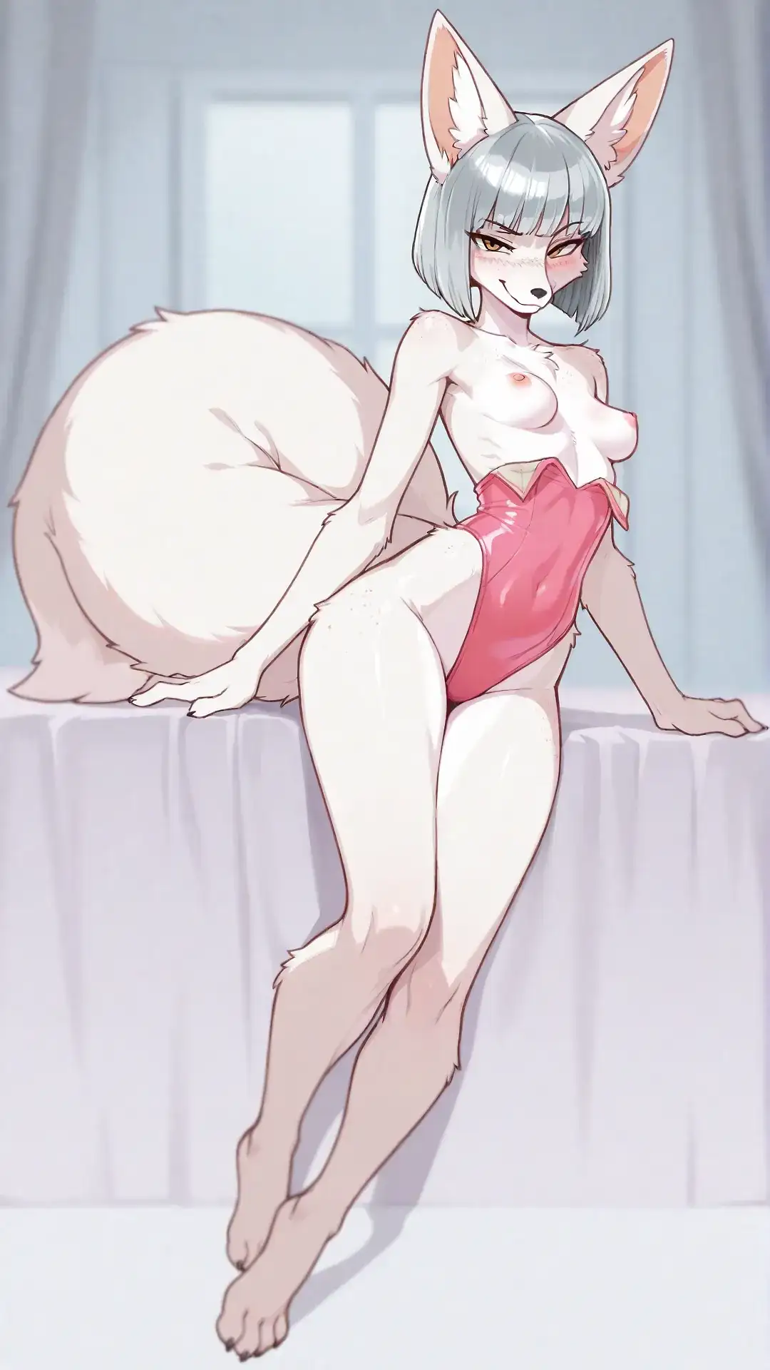 AI art for prompt: '1furry, silver bob cut, fox ears, medium small breasts, perky breasts, thin, seductive pose, looking at viewer, smirk, skintight hot pink leotard, blushing, freckles, topless, exposed boob, large tail, full body white fur, long fur, fox head, close_up, long snout, shallow depth of field, parallax effect, wide FOV'