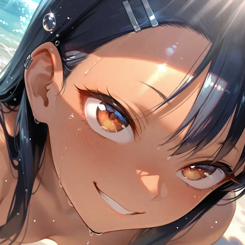 AI art 'Posing on Beach' with user description 'Bigboy69 asked for a nagatoro solo on a beach'