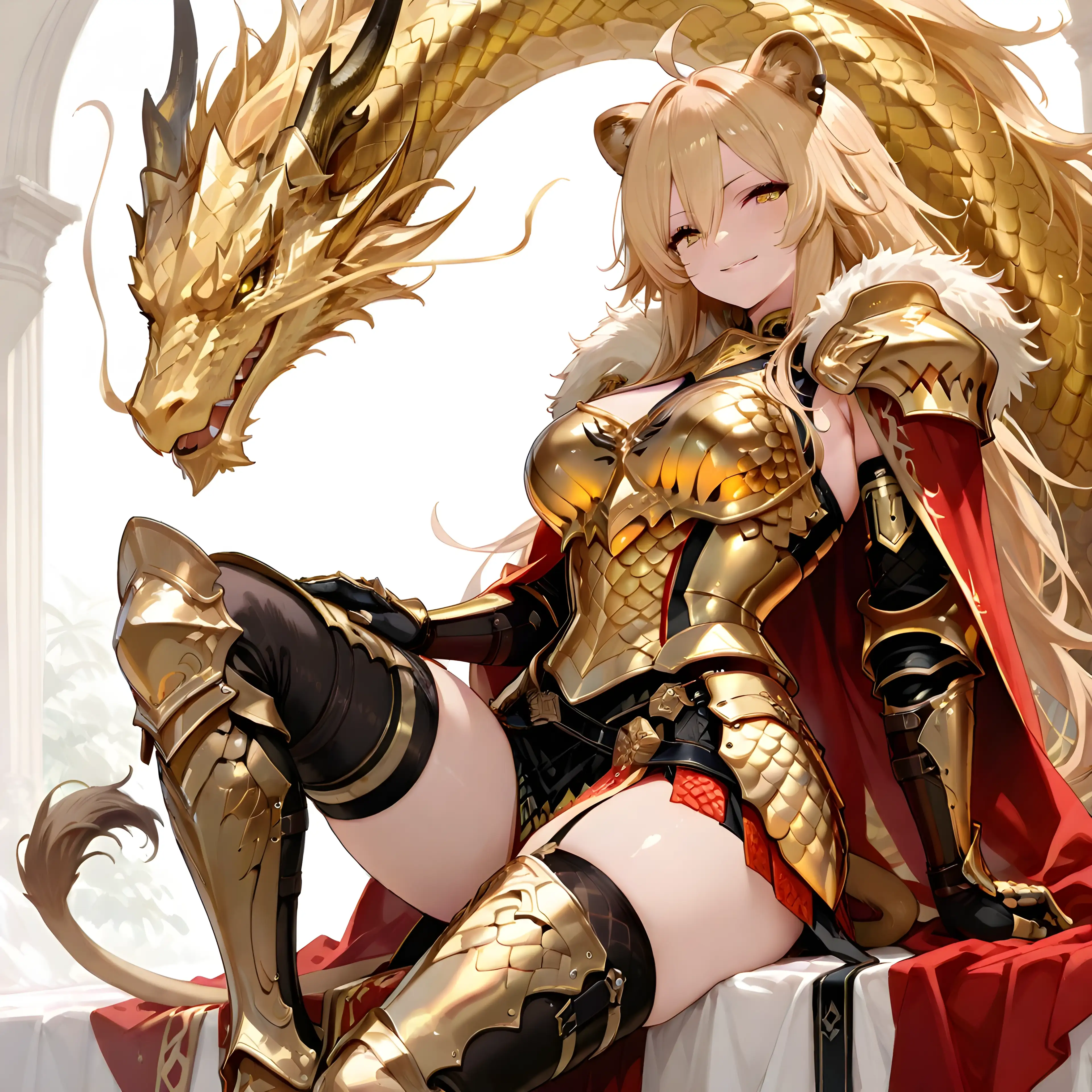 AI art 'Queen Sofia joins the D&D game!' with user description 'Inspired by @octavian post!

@cro_bo asked for D&D players, I created Queen Sofia, my lionfolk Dragon Knight.
A proud and powerful warrior bonded with ancient dragons, clad in golden dragon-scale armor. She fights with both regal grace and fierce strength.'