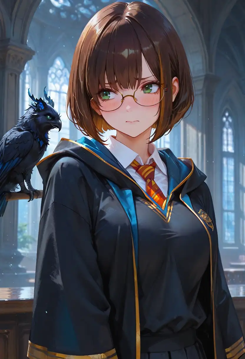 AI art 'And we have a Ravenclaw' with user description 'Akiko fit good to Ravenclaw i think 😁 and this shy look Blow my mind 🤯'