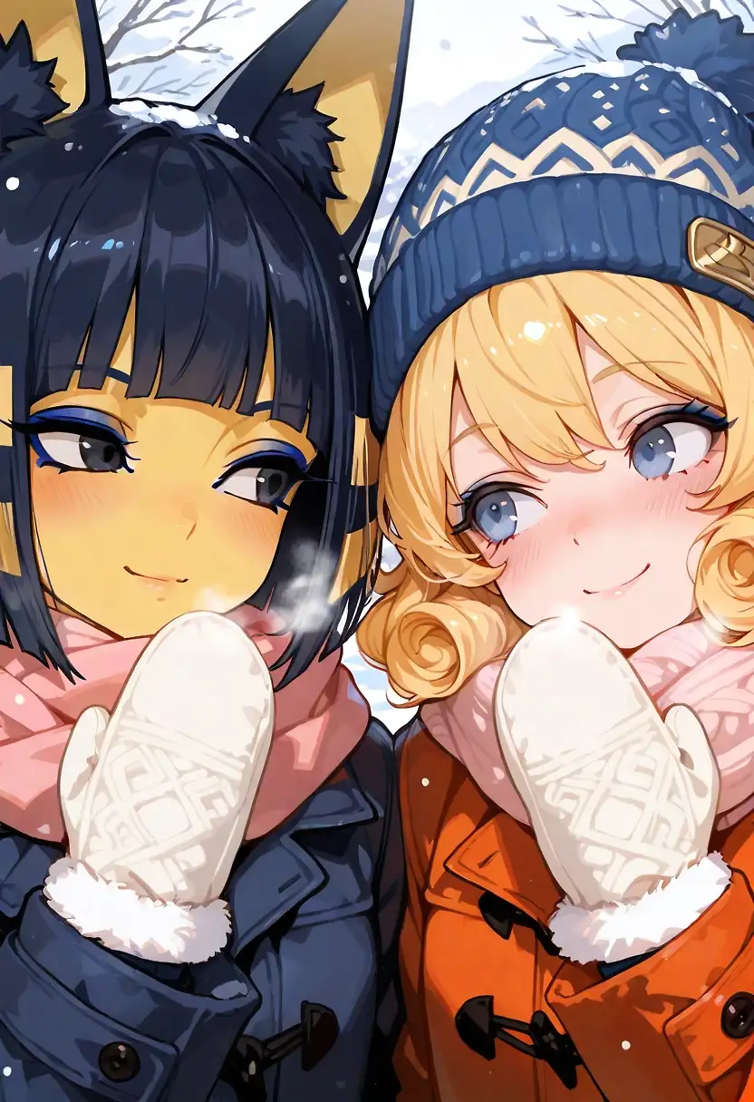 AI art 'Heat Break🌡❄️' with user description 'Ankha and Tara had been watching the news in disbelief. Today was forecast to be the hottest day yet in an already brutal heatwave. Drastic measures were clearly in order.

Ankha had been saving for a trendy sarcophagus to put in her room, while Tara had set aside money for her brother’s birthday present. Pooling their funds, they discovered they had just enough for something far more urgent: a same-day trip to Antarctica for the both of them.

The two friends spent a refreshingly freezing day playing in the snow. Still, Tara couldn’t shake the nagging feeling that she had forgotten something important…'