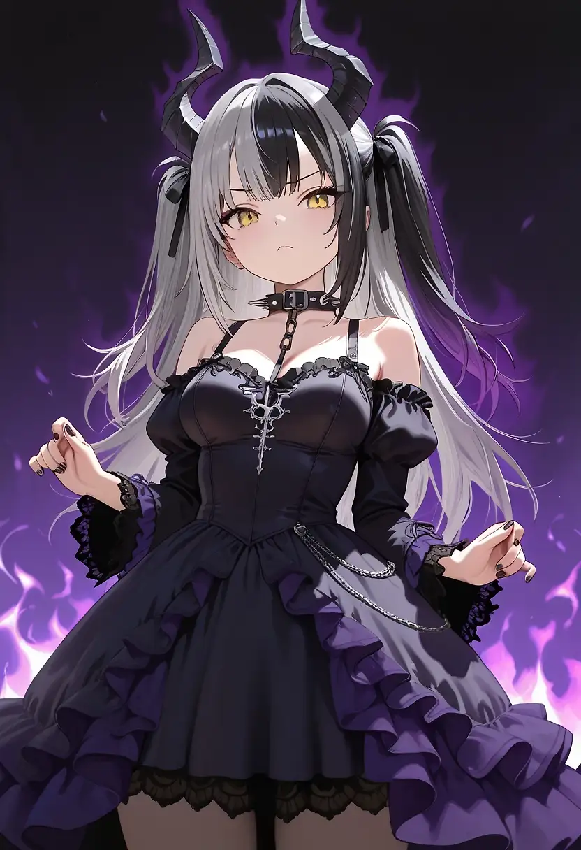 AI art 'Vera (oc)' with user description 'A demon princess who often appears as humans, she prefers her smaller breasts but her real one are medium. She can change forms and sizes at will. Wields hell flame and is trained in magic'