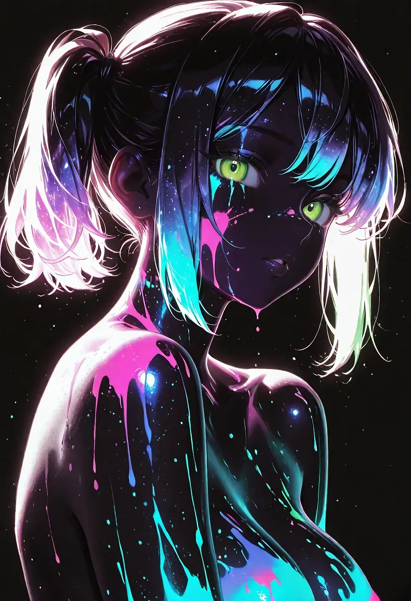 AI art for prompt: "1girl, solo, green_eyes, breasts, side_ponytail, looking_at_viewer, nude, short_hair, parted_lips, black_background, ultraviolet light, black background, bodypaint, multicolored paintsplashes, high contrast"