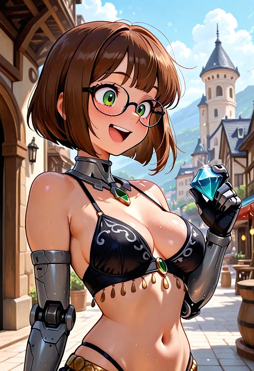 AI art 'Happy 500 Followers my Friend 🥳' with user description 'Wow, I can't believe how lucky I was to win this diamond. What should I do with it? I'll go shopping—that's it. I stroll through the market and the shopping streets; it’s so different here compared to Mega Tokyo—no violence or crime, and people live together peacefully. I’m so glad Ankha invited me to her hometown. Oh, what’s that? An Ankha costume? I have to have it; it’ll be fun if we walk around in matching outfits. I go into the shop and trade the diamond for the outfit. It fits perfectly; I look so cute in it—almost like her. The shopkeeper was even nice enough to paint my skin to match hers, even though he kept staring at my boobs the whole time... Oh well. Now, I’d better hurry back to Ankha; I’m so excited to see what she says. I think I need to go down that alley up ahead—if I’m not mistaken. This city is so big, and the streets are so winding. It wouldn't surprise me if I got lost. Oh, what a cute dog; it comes closer and lets me pet it for a moment before moving on. Maybe I should get one myself when I’m back in Mega Tokyo. Lost in thought, I stroll further down the alley and realize too late that I’m tripping over my own feet. I try to grab onto something; I manage to get a hold of something, but it doesn't offer any support. I fall to the ground and... something... slides past my lips and deep into my throat. Dazed, I feel it pulsing in my throat as a hot liquid pours into me. When I open my eyes, I see a young blond man with his cock buried deep inside me—right to the hilt. My hands are on his pants.

???: What... the... hell was... that? That was just like Tamaki’s "Lucky Loot" from *Fire Force*. You tripped, pulled my pants down in the process, and landed with your mouth right on my...

He stammers, breathing heavily. What on earth just happened here?  Wait... I won't pretend that doesn't turn me on. Slowly, I pull his cock out of my mouth and swallow his cum. Delicious... His face looks familiar—where have I seen it before? Then it clicks.

Akiko: It’s you, isn't it? That guy @terror2 from Betterwaifu? Right? Didn't you just hit the 500-follower mark?
Terror2: Uh, yeah, that's right...
Akiko: Really? Oh man, I can't believe it—first Annie, and now him.

I’m grinning from ear to ear, and my pussy is so wet I can't help but want him right here, right now...

Terror2: Wait, you know Annie?

He doesn't get any further before I pounce on him, knock him to the ground, and guide his hard cock into my dripping pussy. God, I haven't had this in so long... Visibly surprised, he moans—which triggers an orgasm for me. I love it when they moan. His hands find my ass, and he thrusts hard inside me. This vacation just keeps getting better. His stamina is impressive, and his throbbing cock sends me soaring to new heights of ecstasy. We both climax at the same time. He slowly pulls out, stands up, and helps me to my feet. Then he puts his pants back on and hands me a tissue.

Terror2: Here, so you can clean yourself up. I'm still not sure what just happened here... but it looks like you had fun.
Akiko: You could say that.

I grin at him. He still looks a bit confused.

Terror2: What's your name, by the way?
Akiko: I'm Akiko.
Terror2: You mean Gildenstein Akiko?
Akiko: You know him? It's a small world. But I have to get going now—Ankha is already waiting for me, and I can't wait to tell her about this.
Terror2: Wait, you know Ankha too?
Akiko: Yeah, take care.  

I grin at him again over my shoulder and head off.

Terror2: Oh, that can't be true... if any of them let something slip to Arazni, I'm done for...'