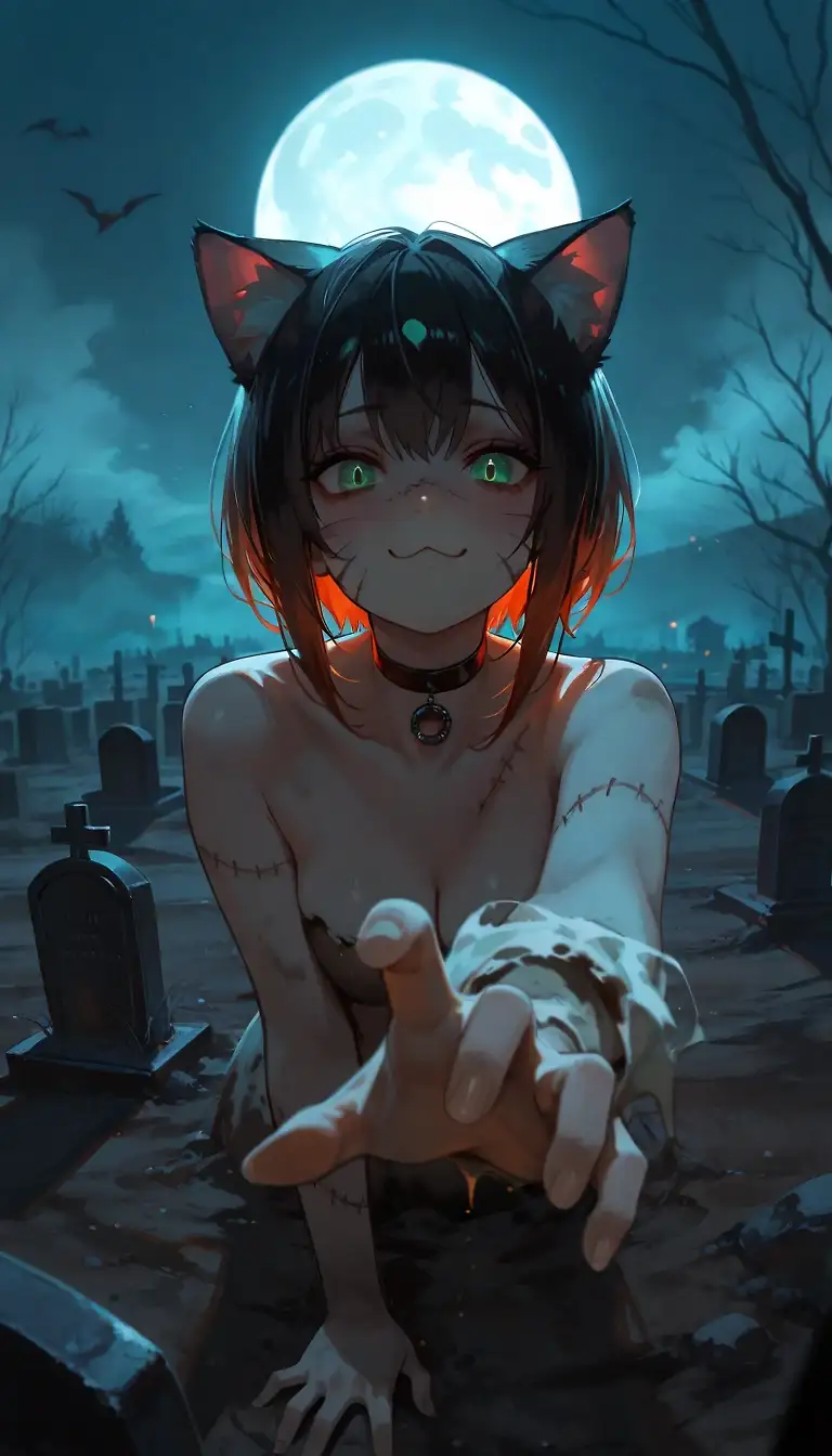 AI art '🧟 Catgirl Zombie: Revisited' with user description 'You might think it's easy to get a zombie cat girl out of the grave? I took dozens of phased images and then chose only six of them for Zombie Apocalypse set... So, here are a few of the rest because I think they're not all bad 😺'