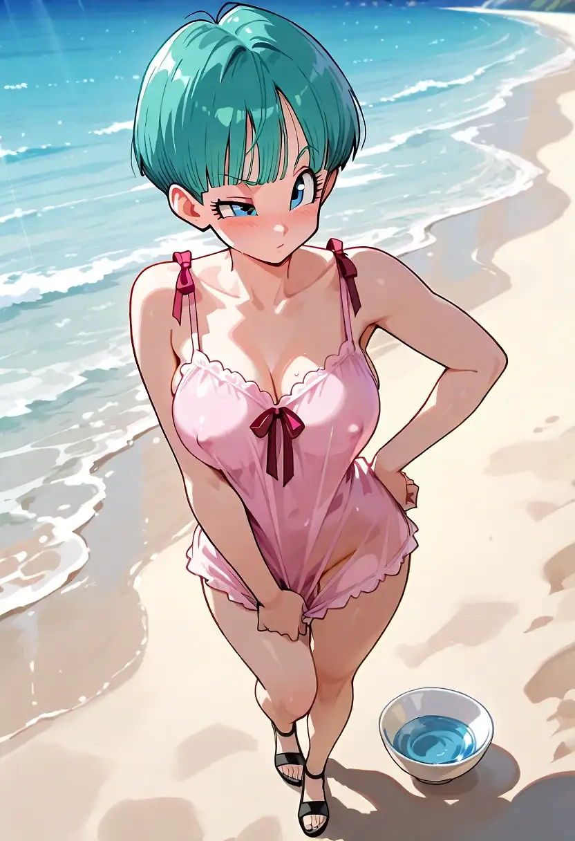 AI art 'For Old Times Sake' with user description '"Come on Bulma, just one more time.For old times sake." Master Roshi pleaded.

"Tch fine." She slowly lifted her nightgown. "Just don't trouble me again you old perv!"

Just like before, Master Roshi got a nose bleed from her flashing him.'