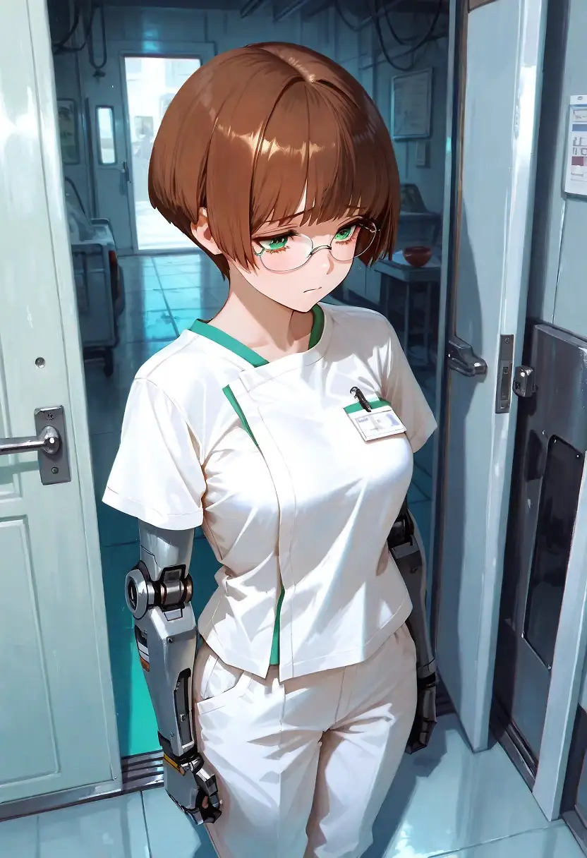 AI art 'Cyberpunk Hanas background story part 2' with user description 'Nurse: Poor Girl... i know exactly what she gone through... 
A heardbrecking scream is breaking the silence, even a closed door cannot reduce the noise level.
Nurse: I'll get the doctor, I hope she doesn't hurt herself.

Sometime later.
Doctor: Akiko your nurse was worried as you screamed, she though you could hurt yourself Hana. I know it  happend much in the last hours and trauma like your, it's not something you can just brush off.
Hana: Why did you not spoke with me... before...
I look at my arms and my body begins immediately to tremble.
Doctor: I wish we could... your elbows and forearms where complettly shattered so...
Hana: Who made this decision for me?
Doctor: It was Ryu.
Hana: Ryu? Where is he now?
Doctor: He is not here right now, he said he to take care of something. He brought some clothes of change for you. You should take a shower change your cloth, you're still wearing the clothes you were admitted with. If you need help Hana call for Akiko she will help you. 
The docter went to leave the my room.
Doctor: Oh there is one more thing, please talk to Akiko about your trauma, she can help you.
And so he left and i'm alone again... Ryu why are you not here, what could be that importened?

I've to clear my mind, i decide to follow the doctor's advice and take a shower. I smell of cold sweat and I have dirt and traces of blood on me everywhere. Slowly i take of my cloth, i still don't feeling for my new arms. I step into the shower, take my panties and glasses off, then i trun on the shower. The warm water is like balm for my soul. I stand motionless for several minutes, letting the water run down my body. Then I wash myself and turn off the shower. On the way out i grab a towel and dry me off. The cloth that Ryu has brought are lying on my bed, i start to dress me up with a blue hoodie, black capri pants and a last my glasses. I don't bother doing my hair.   My body feels so weak, Iidecide to lie down for a short while. Ryu where i need you so badly right now... And before I knew it, I had fallen asleep.'