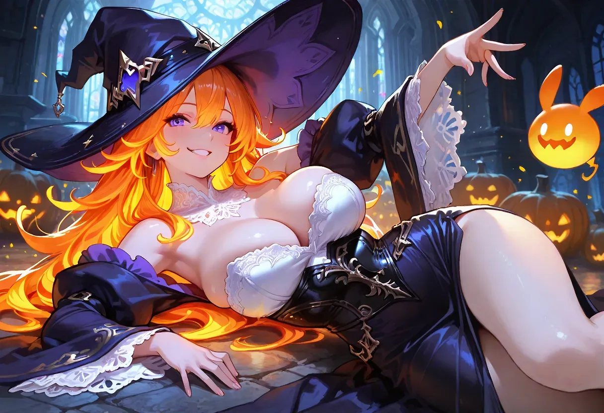 AI art "Who said witches are bad?" for prompt: "Witch, Purple off-shoulder dress, strapless, White lace trimmed top neck and sleeves, bursting breasts, Orange Long glowing hair, playful smiling at viewer, hat, sexy, Long slit skirt, dynamic action, fantasy art, black underbust, Long plunging sleeves, ornate details, lying"