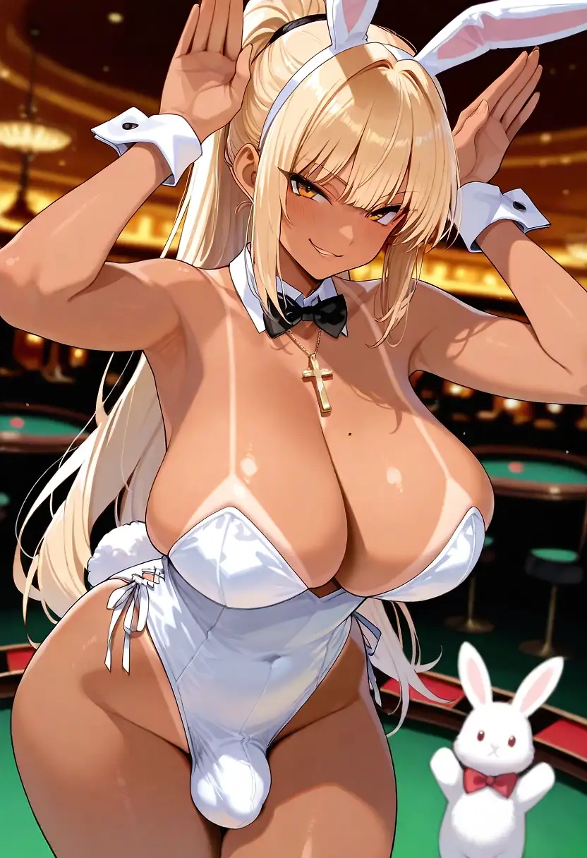 AI art 'All my OCs in Bunny suits' with user description 'Each character's reaction to bunny girl outfits:

Joline: Say, customer, do I look cute in this or what? Oh? I'm not for sale, sorry <3

Kiro: I can't believe I squished myself into this tight thing (Both his figure and dick are basically squeezed into it hard. He's not having a good time)

Koga: i guess it's alright. i'm getting paid right? and I can smoke? cool. (all lowercase, he talks in a monotone)

Kurumi: Oh wow this is like the cutest thing! Oh wait, there's a reverse? And I don't gotta cram my cock inside? GIMME.

Reverse Bunny Suit: 

Kurumi: Ahh, that's better. [From across the floor pitboss says she can't have an erection] La-la too late for that!

Koga: i gotta take out my piercings? pay me double. [In suit] it's kinda cold out here...

Kiro: I gotta to get paid? Fiiine. But I don't like everyone seeing my chubby belly. And I gotta take the piercing out? Hold on...

Joline: No I can't expose myself. I might be cute, but I'm a good Christian girl! Nah, sorry dude.'