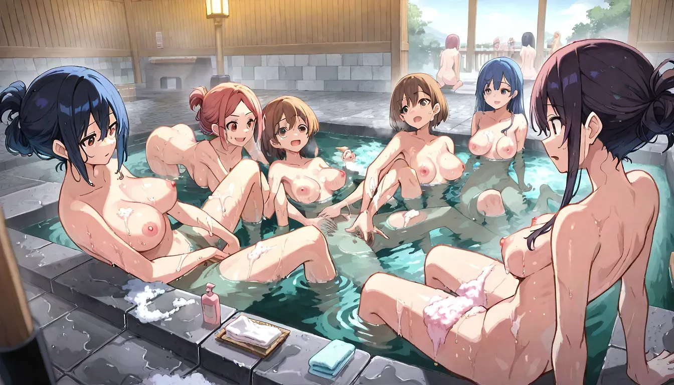 AI art "Bath time heating up" for prompt: "Girls public bathhouse, washing body, aggressively fingering each other, multiple girls, scissoring, different girls, various sized breasts, on floor, in water, random hairstyles, 5girls in foreground, full frontal nudity, hot, looking at each other, more girls in background, random breasts, random heights, orgy, soapy, steamy, wet, short and tall, athletic and chubby, thick, flat and busty, 20's and middle age kissing, lesbian, horny,"