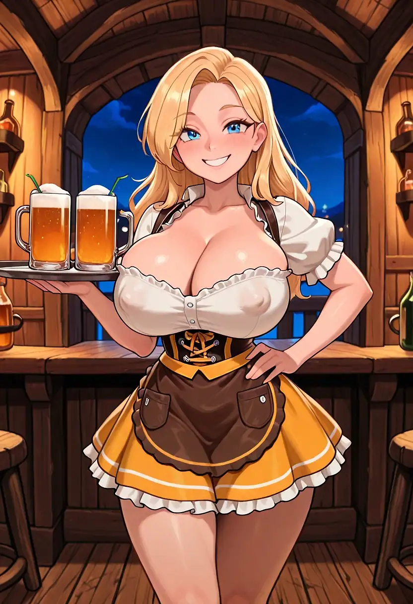 AI art 'Oktoberfest Waitress Marta' with user description 'Should you attend Denver, Colorado's Oktoberfest in September, chances are you'll encounter Marta. Marta, a Denver native, loves the beer, the food, and the fun of Oktoberfest. A buxom blonde who's proud of her German heritage, Marta has a ready smile (plus steins of lager) for her customers.'