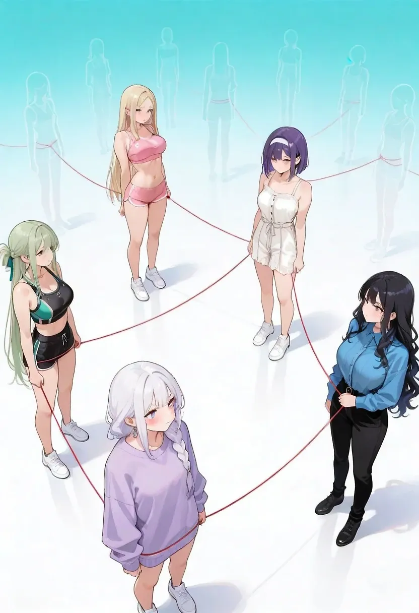 AI art "Chapter#01, The Chosen." with user description "You hear a jingle; tiiil tiiil tiiil, a bell tied to a red thread. It is said that the red thread of fate is tied to the people who will change your life, in some way, whether good or bad.  
All the girls were chosen and are gathered in an astral plane where the goddess of dreams, 'Mirla,' dwells.  
Mirla: I have gathered everyone here today to commence the 'GAMES OF MORPHEUS,' where everyone will face different challenges, either individually or in teams. The tests will consist of physical endurance challenges, intelligence, psychological tests, etc.  
The way to win will be by the vote of our spectators. If a girl is eliminated, but someone sponsors her, she will be given another chance, but she will face a very difficult test. We are looking for the best of all, number #01. I hope this list is ready because it starts now..."