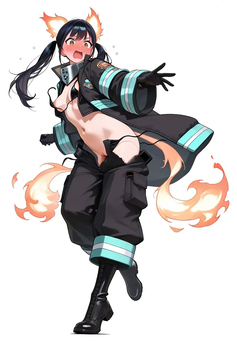 AI art 'Lucky Lecher Lure' with user description 'Tamaki Kotatsu, experiencing one of her infamous wardrobe malfunctions. How unlucky for her!

(i2i modified, pardon the blank background)'
