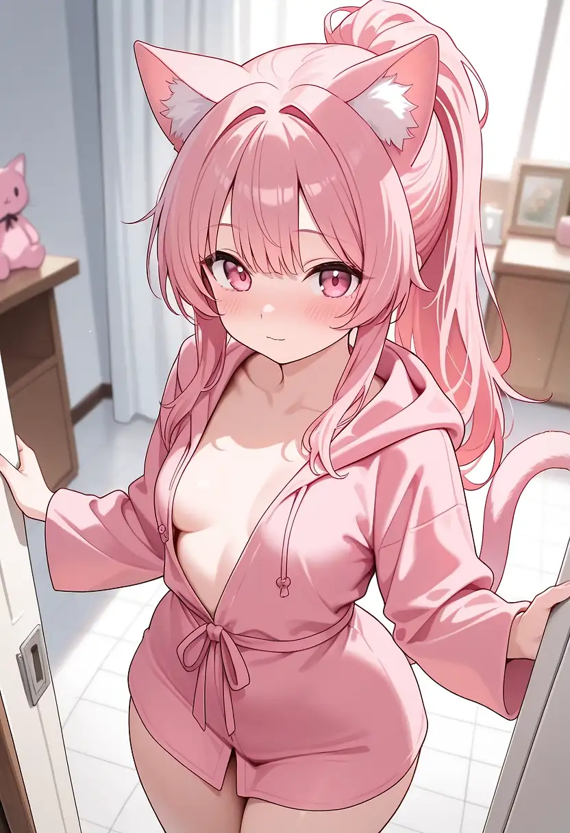 AI art 'Kitsu Pink Robe' with user description 'Kitsu is ready for a shower, or something else if you offer. What will you do to or with her next?'
