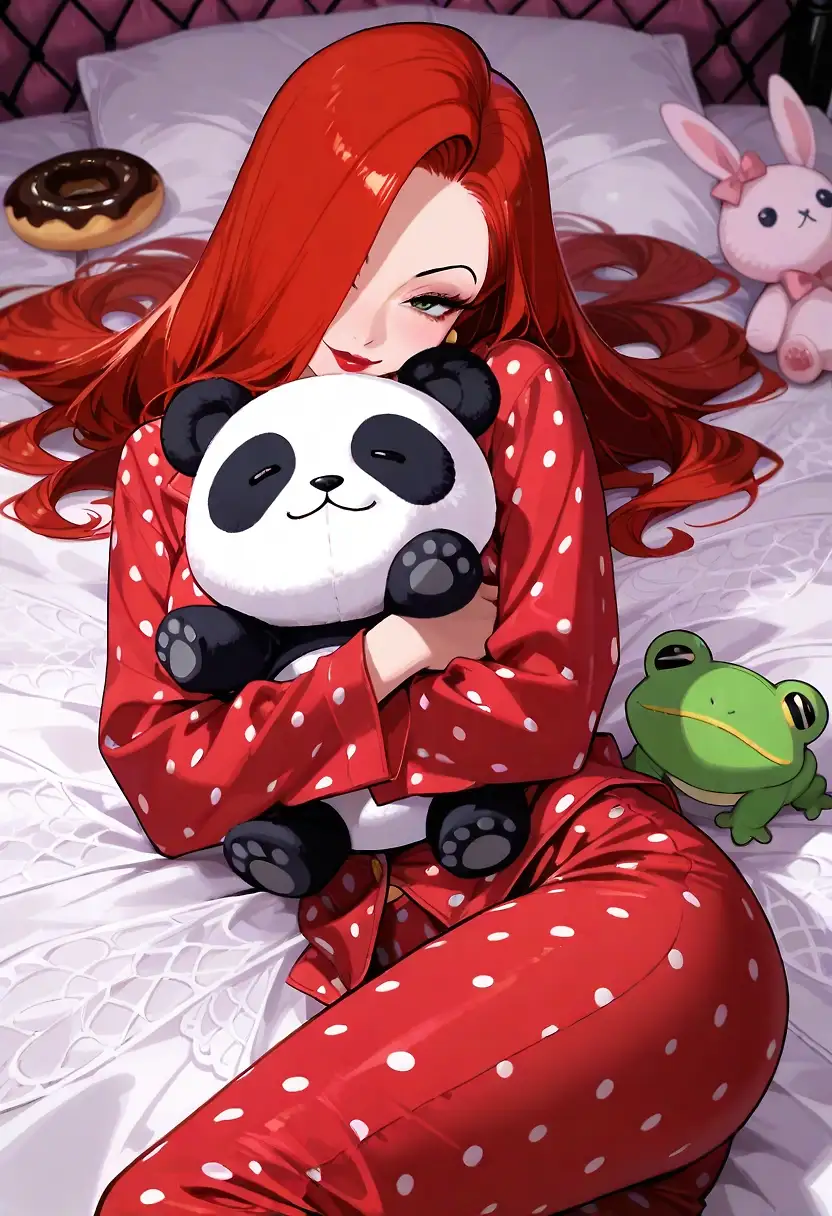 AI art 'Salty Sundays 🧂🌞 ep.1' with user description 'Jessica Rabbit is ready to go to bed, she's excited because of her new stuffed panda, she doesn't know if she'll be able to sleep.


Welcome to the first Salty Sundays!
Where I pay tribute to my beloved @saltymajor778 

Of course this first one is featured by Miss Jessica, a true muse of the Major 🫡 an the protagonist of the first post I've ever commented of him:
https://betterwaifu.com/post/aqwmsg6

See you next Sunday 😘'