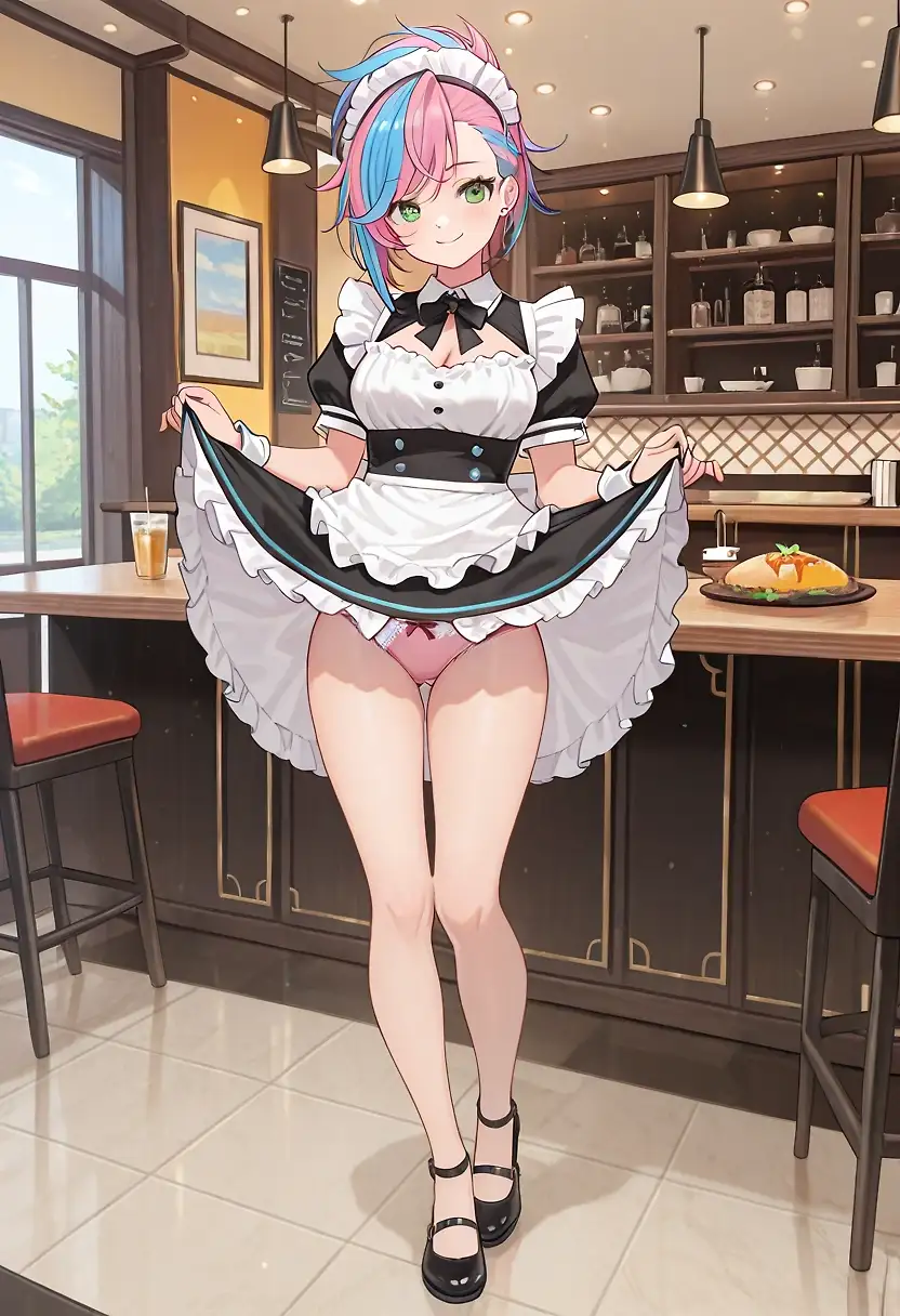 AI art 'Welcome home, Master.' with user description 'What can I do for you today?
Would you like something to drink? Something to eat? Or… me?'