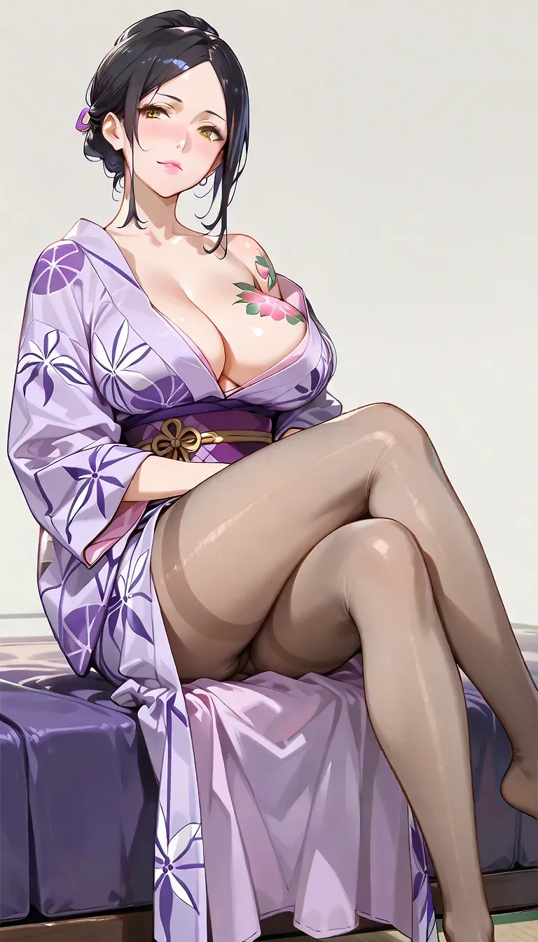 AI art for prompt: "Mature, black hair, no bangs, yellow eyes, pink lips, purple japanese yukata, beige pantyhose, no shoes, breasts, cleavage, breast tatoo, Sitting Down crossed legs, half naked"
