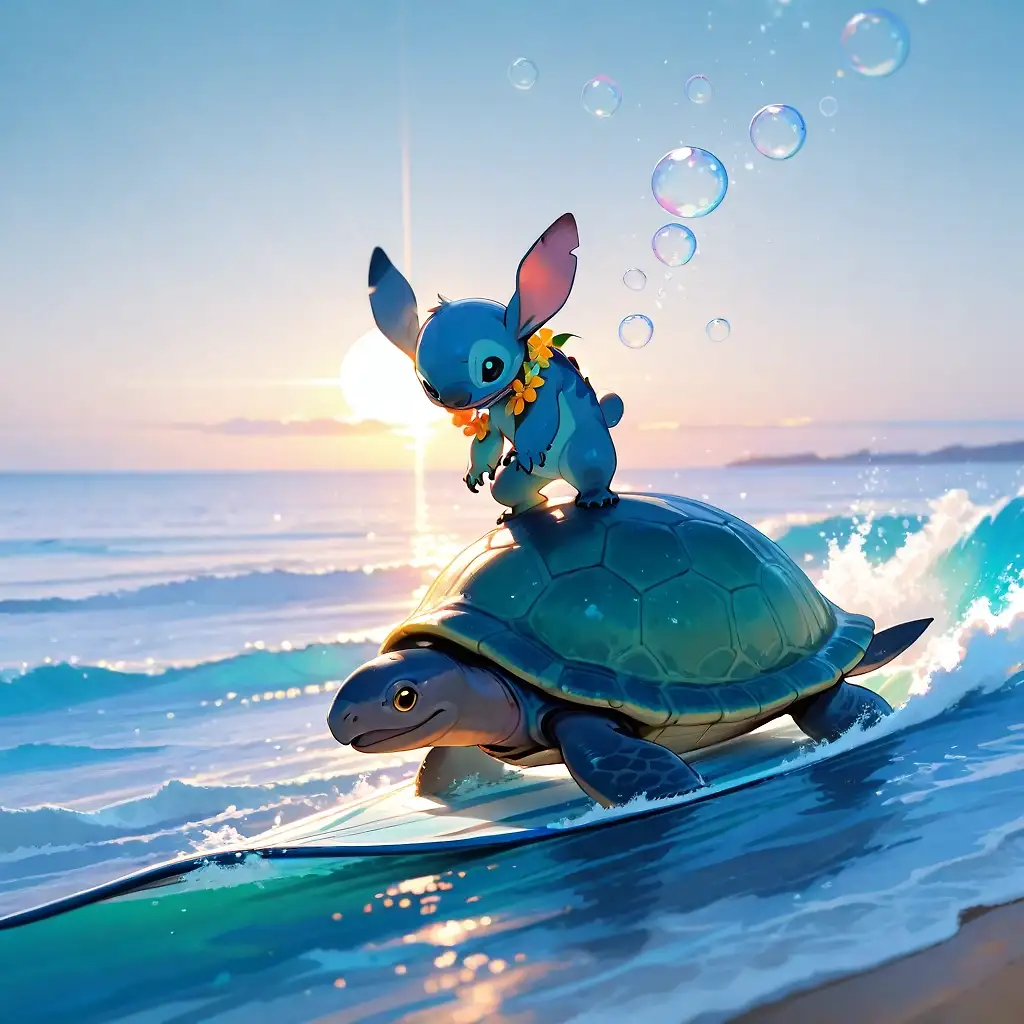 AI art "Stitch surfing on a turtle"