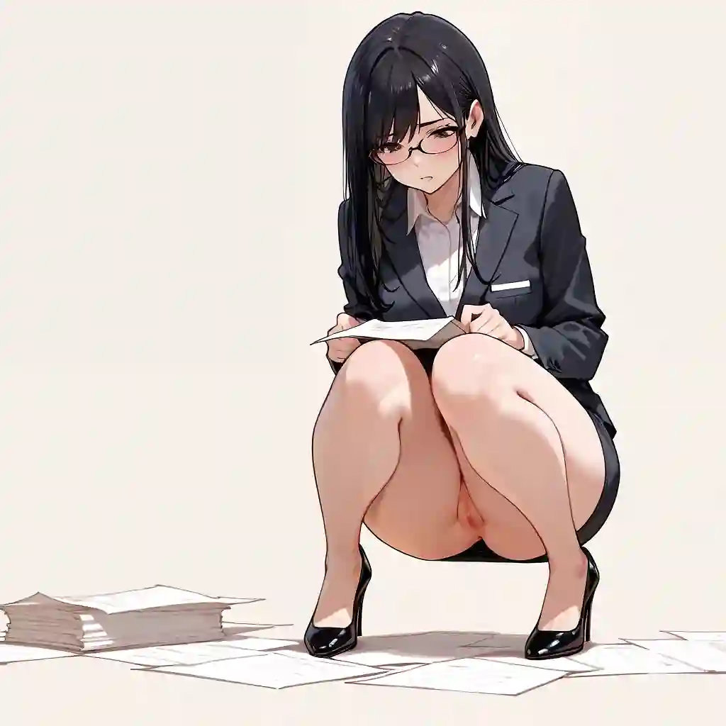 AI art 'No panties OL' with user description 'office lady, with face, front view, nervous face, glasses, blouse, carrying skirt, Upskirt, No panties, Shaved Vagina, Wide hips.'