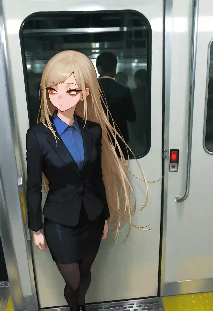 AI art 'Another day another dollar' with user description 'Meet May. An office worker who hates her job more than she hates the leering gaze of people on the train.
She just finished an overtime shift and is heading home for the first time in two days.
It wouldn't be so bad if her boss wasn't a pervert. But he is. And his unwanted advances make her regret her life decisions.

Care to spice up her night?'