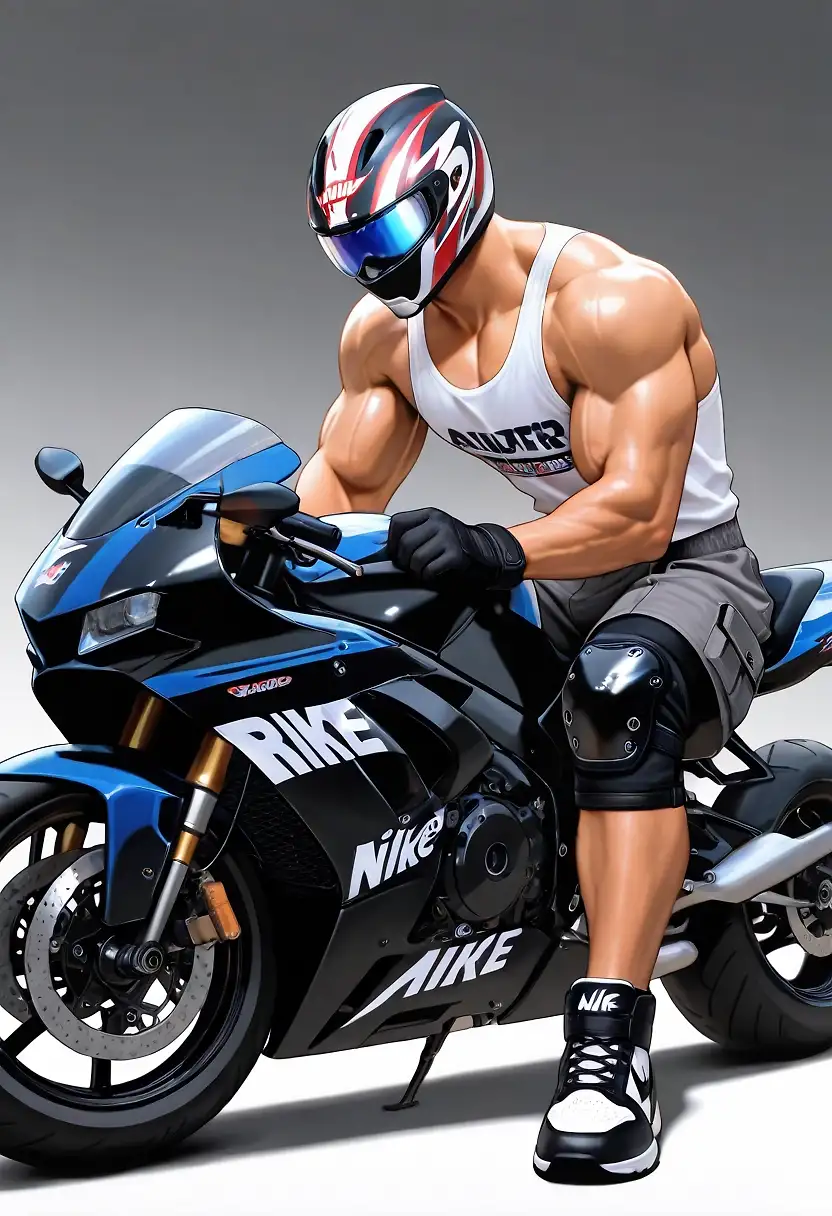 AI art 'himbo biker' with user description 'gay muscle himb riding his bike'