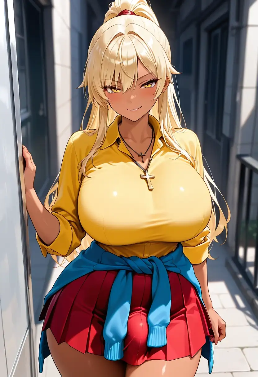 AI art 'Joline hates her job' with user description 'Joline's RBF and attitude makes working at a Konbine hard, but she manages. Poor girl loves masturbating to unwind.'