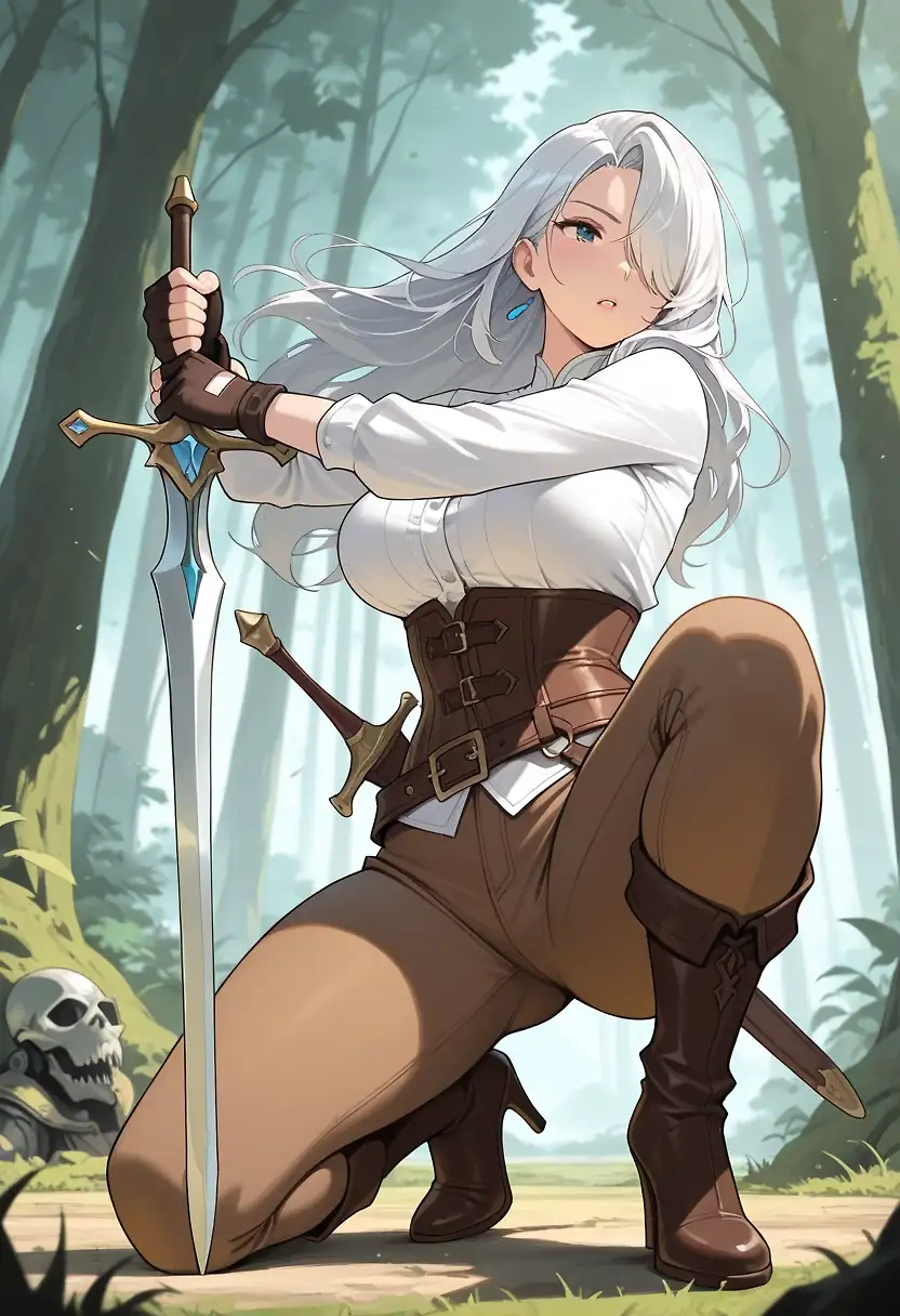 AI art 'The guild leader is a MILF' with user description 'The guild leader went out to hunt some goblins; she didn't remember them being so difficult to defeat. In the end, she decided to finish them off using her own charms.'