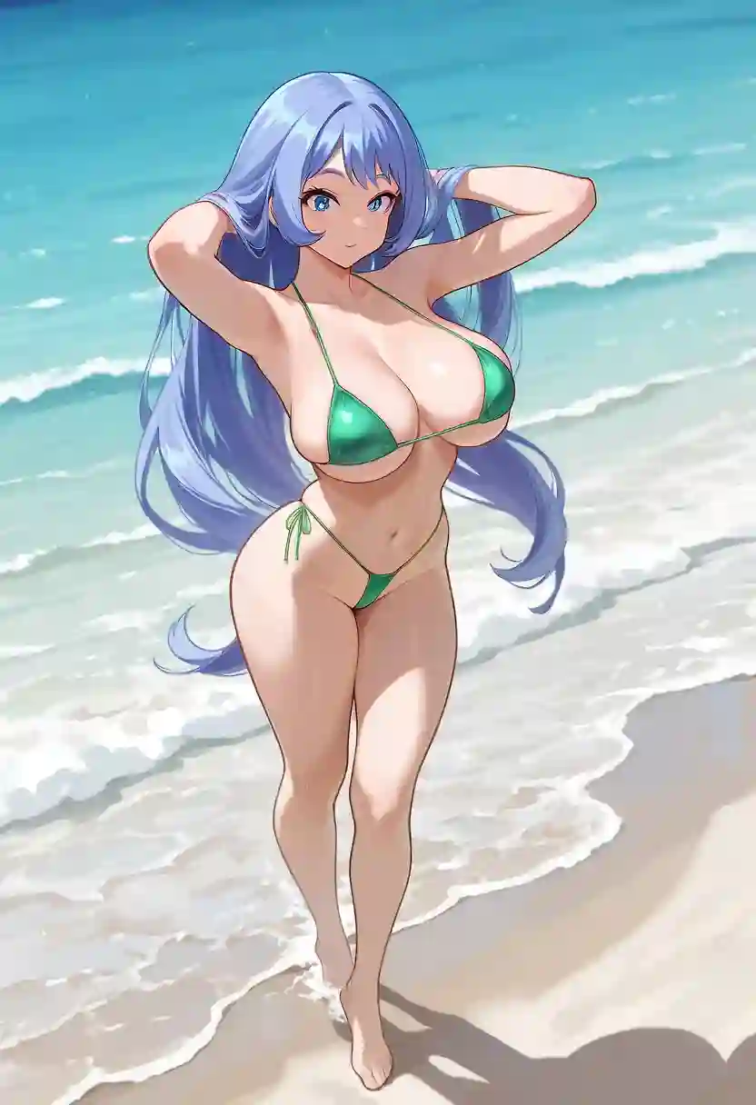 AI art 'Nejire Hado at the Beach' for prompt: 'Nejire Hado, long hair, big breasts, hourglass body, in small very revealing green string thong bikini, standing up, full body front view, on a beach shore, perfect eyes, perfect face'
