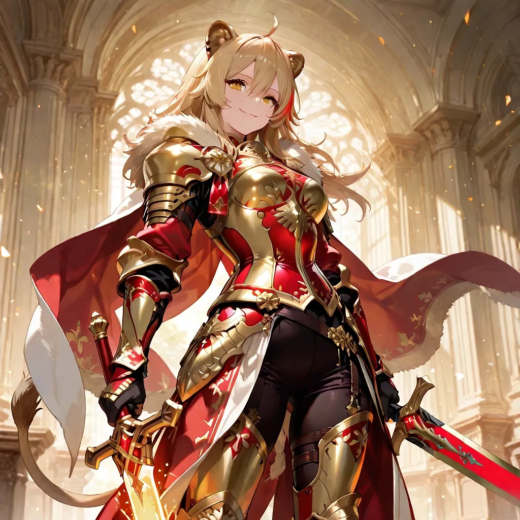 AI art "Queen Sofia Lionheart joins Fate/ 🦁🔥" with user description "After seeing @cro_bo’s Fate/ Stay Isla post I had to jump in 😄
I created Queen Sofia Lionheart, my lionfolk version of Richard I. the Lion.
She’s ready to conquer the Grail War (or at least cause glorious chaos)."