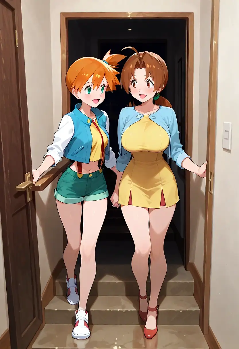 AI art 'Nice to meet you' with user description 'Delia meets Misty. The two get along very well. Delia can definitely teach Misty a thing or two. Suddenly, they are interrupted. They both look at him and stick their butts out at him.'