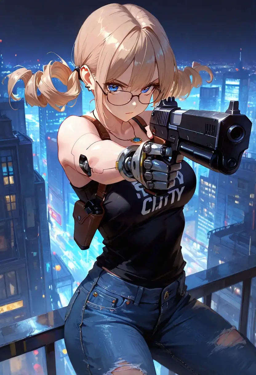 AI art 'Choom? Really? Out of my way!' with user description 'Lets pepp this a little up 😉 i don't want to stay in Hanas way if she is pointing at gun at me 🫣'