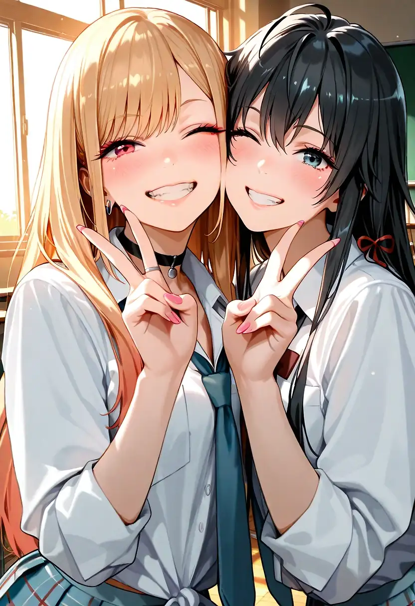 AI art with user description 'Throwback to my first post :)

Marin and Yukino  participating in some extracurricular work - Round 2. They still make a pretty good duo :D'